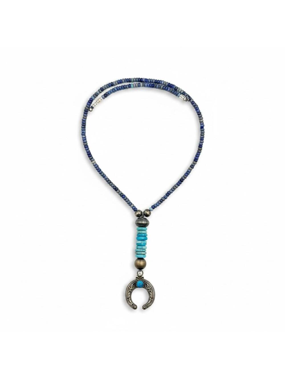Artist Begay Lapis Lazuli Bead Necklace Naja Lariat Pendant - Sterling Silver